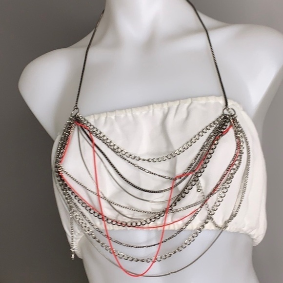 Metal Layered Silver 11 Chain metal Rock Necklace hot pink artisan made - Picture 6 of 8